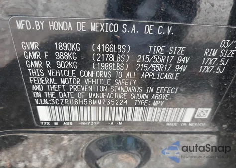 2021 Honda Hr-V Awd Ex z USA, uszkodzony, nr VIN 3CZRU6H58MM735224
